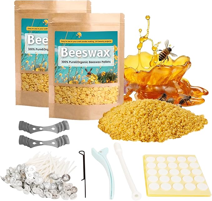 Ksedcon 2LB Beeswax for Candle Making, Triple Filtered Beeswax Pellets Candle Wicks with Candle Making Tools