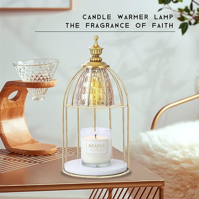 Candle Warmer Lamp, Auto Shut Off and Brightness Heat Level Control with Timer and Dimmable Switch, Top-Down Candle Melting with Marble Base and 2 Bulbs(Gold)