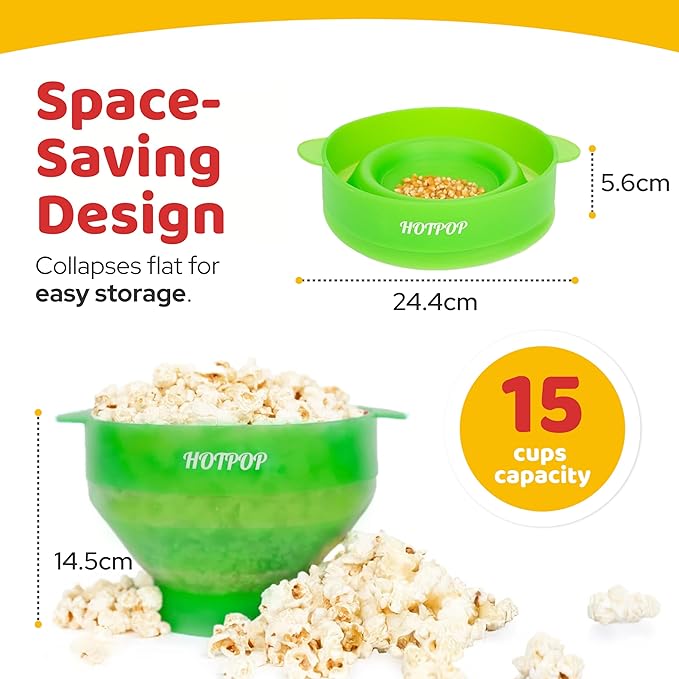 The Original Hotpop Microwave Popcorn Popper, Silicone Popcorn Maker, Collapsible Bowl BPA-Free and Dishwasher Safe- 20 Colors Available (Transparent Green)