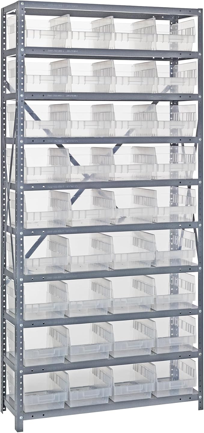 Quantum Storage Systems 1275-207CL Solid Heavy Duty 10 Shelves 36 Store-More Clear Bins 75" H x 36" W x 12" D