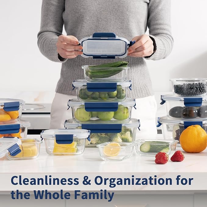 GENICOOK 30 Pieces Glass Food Storage Containers with Snap Locking Lids,Glass Meal Prep Containers Set - Airtight Lunch Containers, Microwave, Oven, Freezer and Dishwasher BLUE