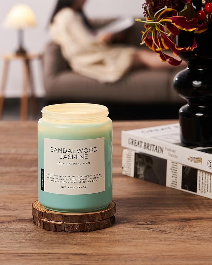 M&SENSE Sandalwood Jasmine Scented Candles for Home, 19.4oz Natural Soy Wax, 110-Hour Long Lasting, Non Toxic Soy Candles Clean Burn, Spring Smelling for Mom, Aromatherapy Gifts for Housewarming