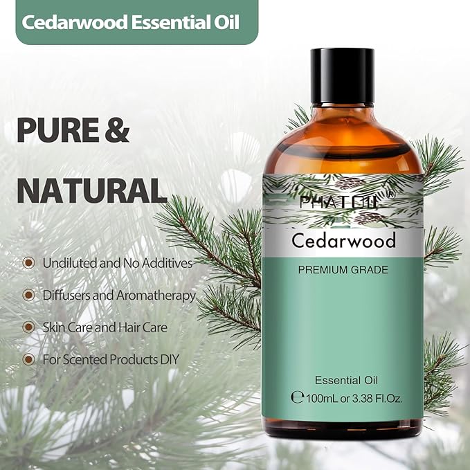 PHATOIL Cedarwood Essential Oil 100mL Pure - Natural Aromatherapy Oil for for Hair Care, Body Skin Care, DIY Candle, Soap Making 3.38Fl Oz