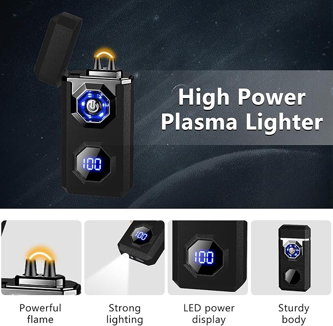 SKRFIRE Plasma Rechargeable Electric Lighter for Candle Arc Type C Electronic Torch Windproof Portable Metal Lighter with LED Power Display for Camping, Hiking, BBQ (Matte Black)
