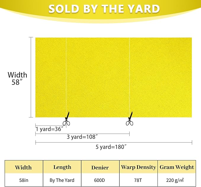 Waterproof Canvas Fabric by The Yard 58inch 600D Upholstery Material Polyester Fabric Outdoor Water Resistant Fabric for Sewing Chair Patio Cushion Purse Bag Interior, 10 Yard Yellow