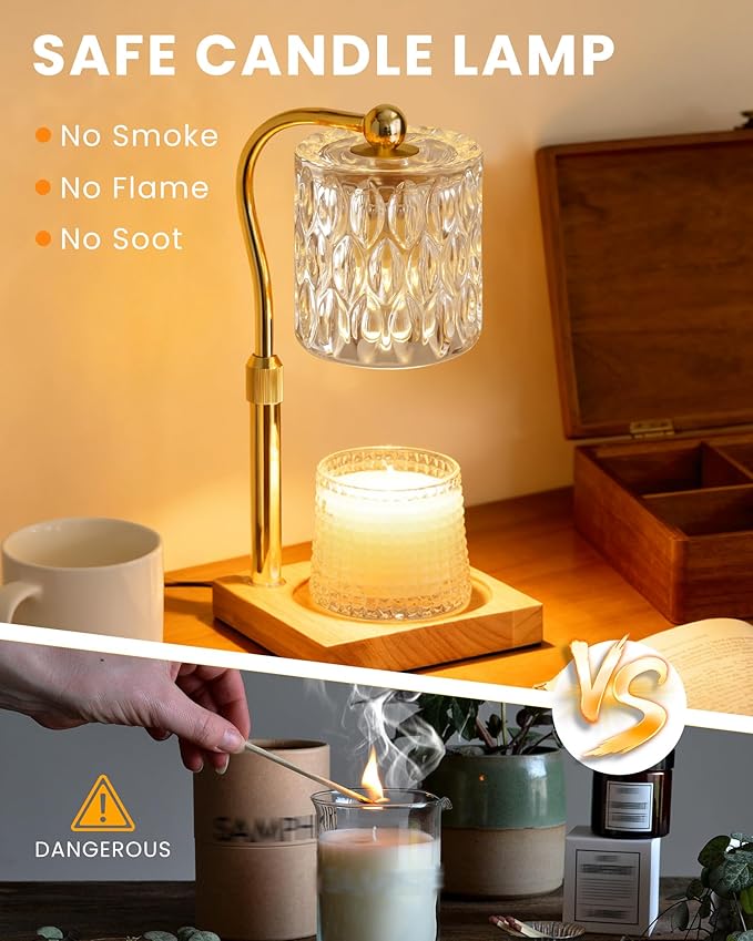 Candle Warmer Lamp Adjustable Height with Timer Dimmer, Dimmable Glass Wax Melt Warmer Light for Scented Jar, Present for Women Candle Lovers Christmas House Warming Home Decor Brithday, Crystal