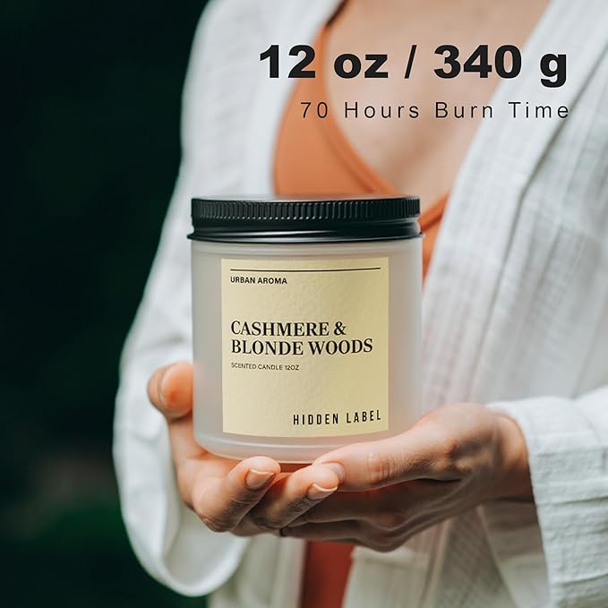 Cashmere Blonde Woods Soy Candle, 12oz Natural Soy Wax, 2 Wick Aromatherapy Candles for Home Scented, 70Hours Clean Burn, Non Toxic, Long Lasting, Gifts for Women, Men, Stress Relief, Relaxation