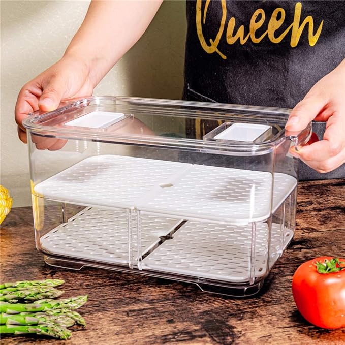 Slideep 11'' Large Food Storage Containers, Fridge Produce Saver 2 Tier Stackable Refrigerator Organizer with Lids and Removable Drain Tray Drawers Bins Baskets for Kitchen -2 Packs