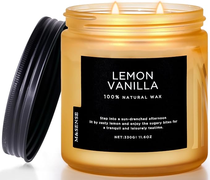 M&SENSE Lemon Vanilla Home Scented Candles, 11.6oz Organic Soy Wax, 70-Hour Clean Burning, Natural Candles Non Toxic, Citrus Scent for Relaxation, Aromatherapy Housewarming Gift for Men Women