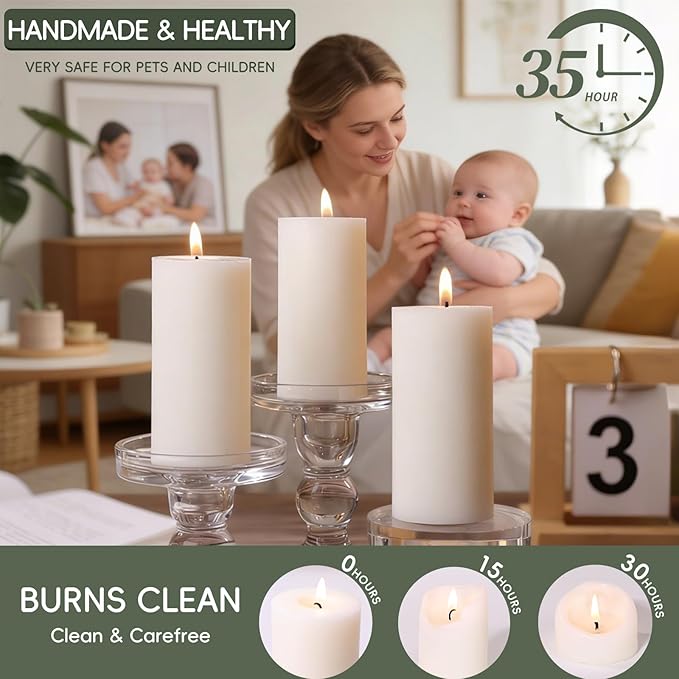 6 Pack White Soy Pillar Candles, 210 Hours Handmade Unscented Pillar Candles Natural Soybean Candle for Home, Wedding, Smokeless & Dripless, Party, Spas, Dinner-2x4in