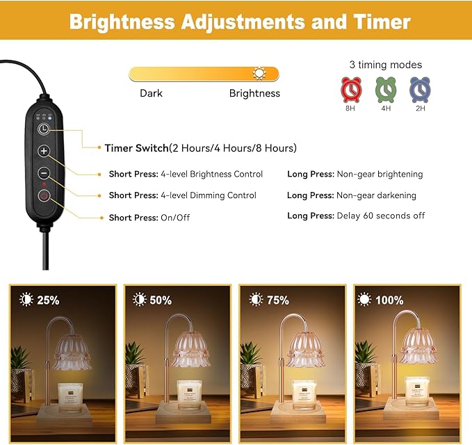 Flower Candle Warmer Lamp Adjustable Height, Candle Warmer Light with Timer & Dimmer, Compatible with Jar Scented Candles, Wax Melt Warmer with 3 Bulbs for Home Decor