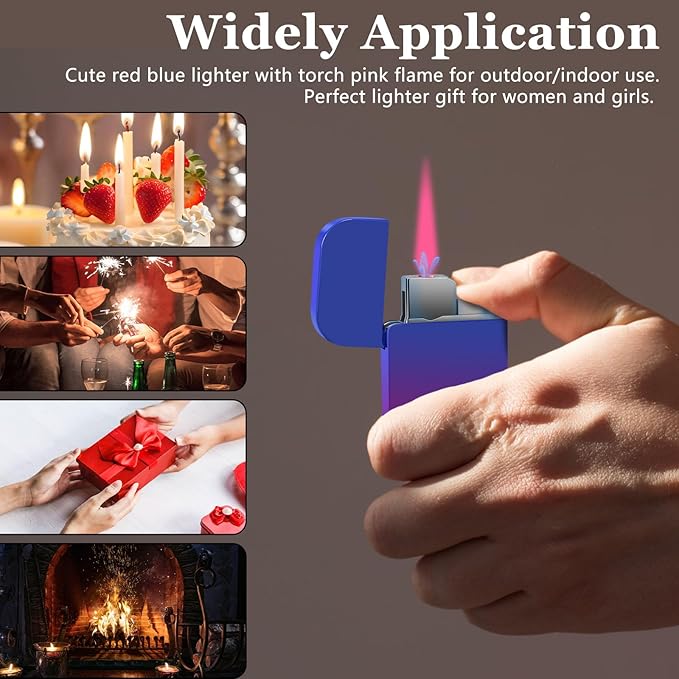 Pink Flame Torch Lighter, Cute Lighter, Refillable Butane Lighter,Windproof Torch Lighter for Outdoor Camping BBQ,Nice Gift for Girls,Women on Birthday,Anniversary(Red Blue,Without Butane)