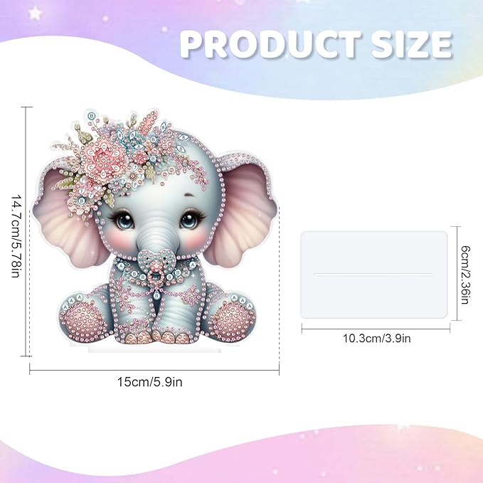 antor DIY Diamond Painting Desktop Ornament Kit, Acrylic Tabletop Diamond Art Decoration, Special Shape Crystal Diamond Painting Figurine Ornaments DIY Crafts Gift, Elephant with Floral Crown