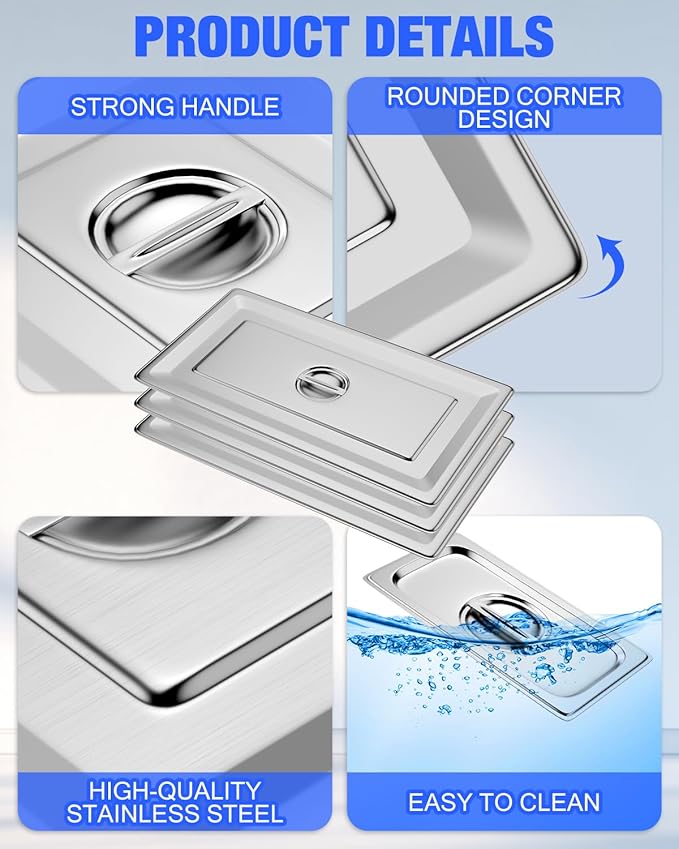 4 Pack 1/6 Size Steam Table Pan Covers Hotel Pans Lids with Handles Catering Food Pan Cover Stainless Steel Commercial Food Pan Lids for Steam Food Pans, Buffet Pan, Roasting Pan