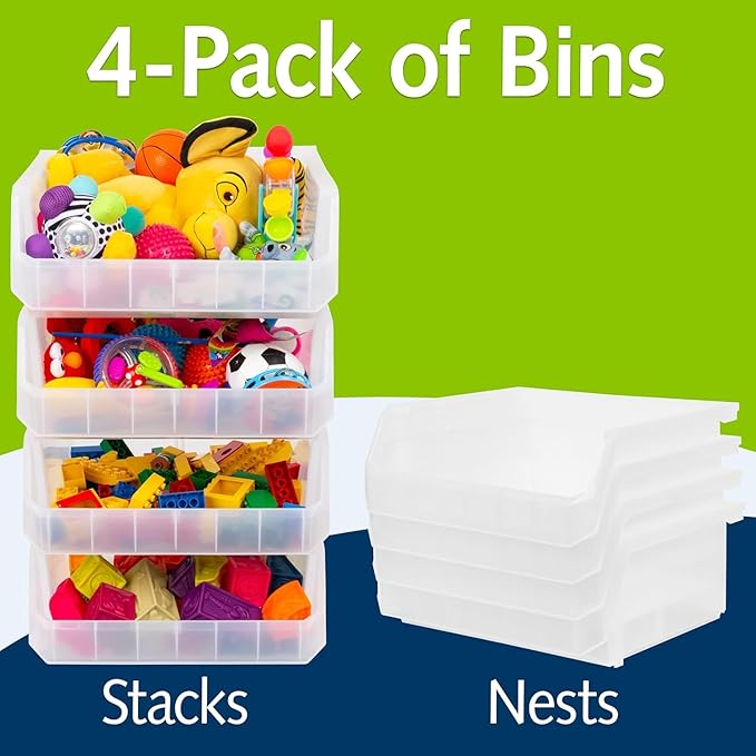 Extra Large Plastic Storage Bins, Stackable Organizer Containers for Closet Pantry Shelf Garage and Office Organization, Clear, 4 Pack