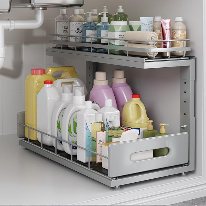Under Sink Organizer Upgrade To Professional Rails,2-Tier Dual Pull Out Cabinet Storage,Height Adjustable Slide Out Drawers For Bathroom Kitchen,1 Pack-18.5"Dx12.8"-16.9"H,Gun Gray