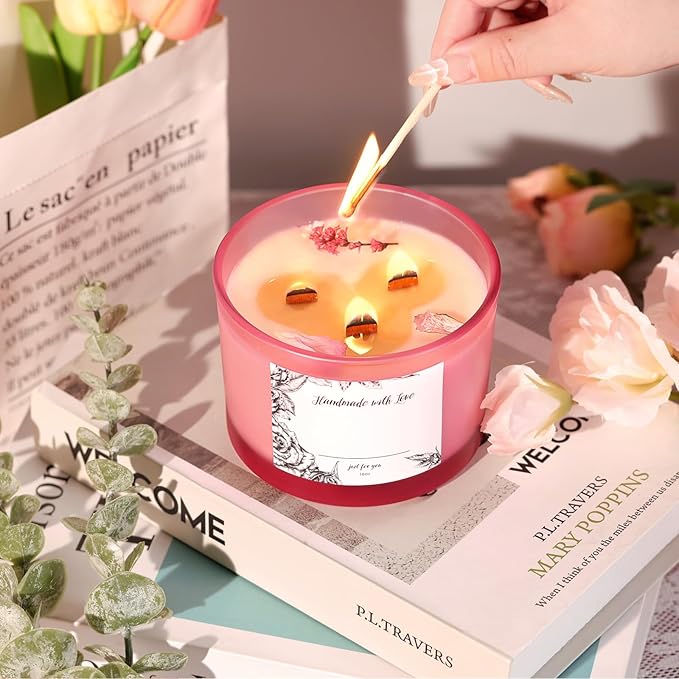 LAMORGIFT 6 Pack Glass Candle Jars with Lids (16oz, Frosted Pink) - Large Candle Jars for 3 Wick Candles Making - Empty Candle Jars Containers - Candle Making Accessories Include 16Pcs Candle Labels