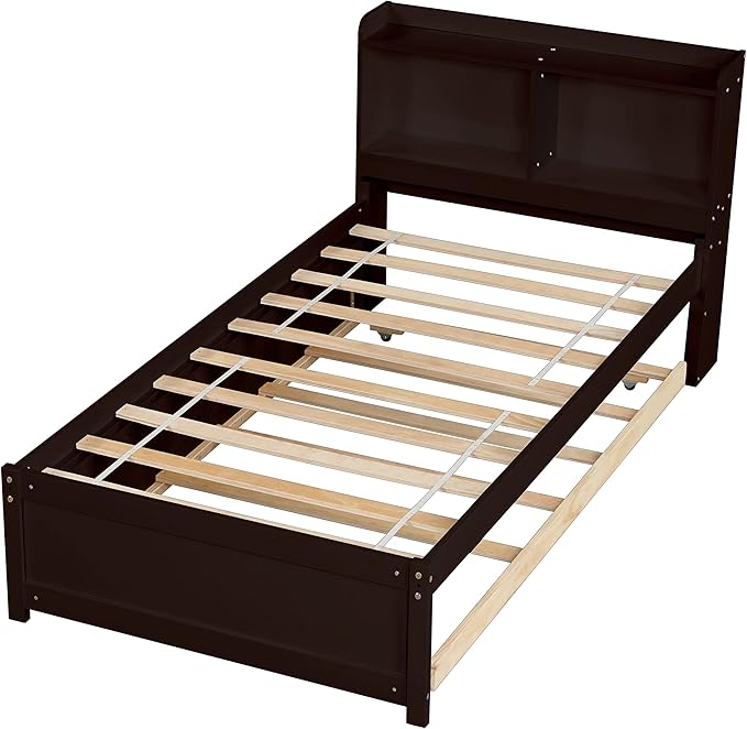 Harper & Bright Designs Twin Size Platform Bed with Bookcase Headboard and Trundle, Wooden Twin Platform Bed Frame with Bookself for Kids Girls Boys, Espresso