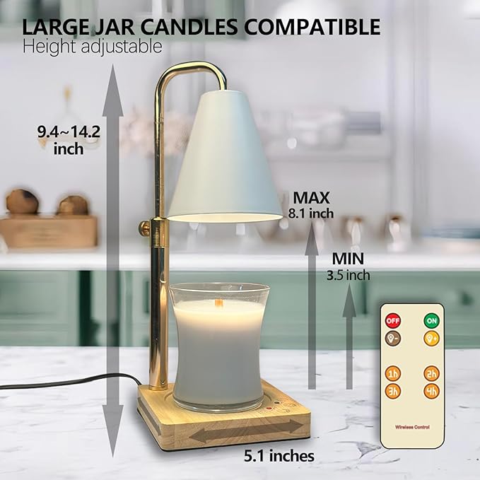 JIMEI Candle Warmer Lamp with Timer Electric Wax Warmer for Scented Wax Melt Warmer Melter for Jar Candles Touch and Remote Control Dimmable Adjustable Height Gifts for Women 2 Bulbs,White Metal