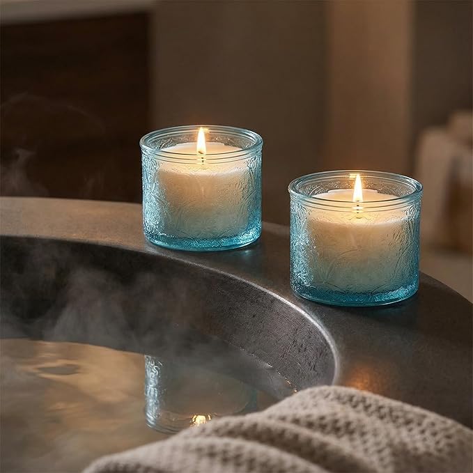 10 oz Embossed Glass Candle Container with Bamboo Lids and Labels,Blue Candle Jars for Making Candles,Mandala Design - Pack of 9