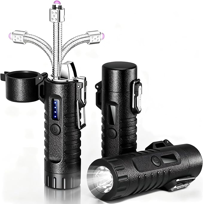 Electric Lighter USB C Rechargeable Arc Plasma Lighter with Flashlight, Electronic Windproof Waterproof Lighters with Retractable 360° Flexible Neck for Outdoor Camping, Hiking, Survival