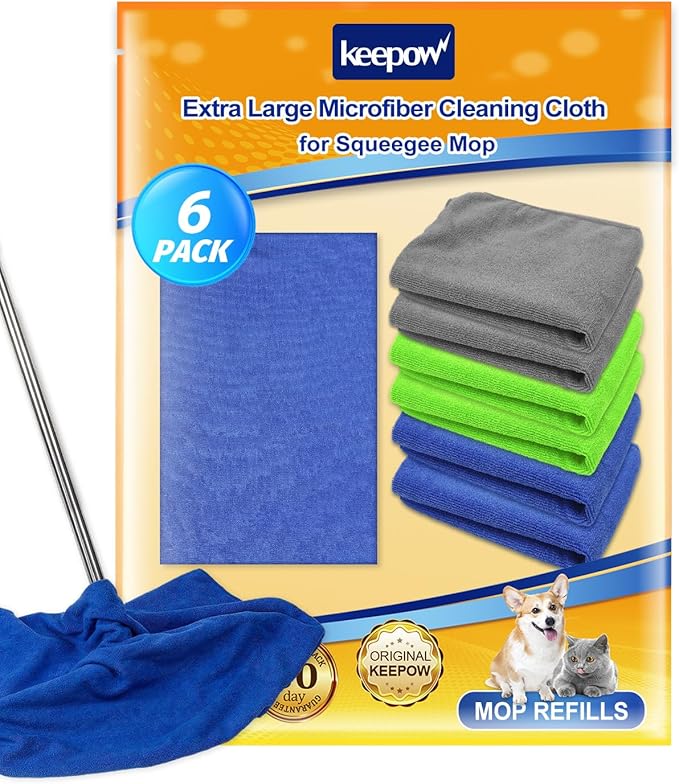 KEEPOW 6PCS Extra Large Microfiber Cleaning Cloth, 30"x20" Washable Reusable Floor Cloth for Squeegee Mop House Floor Kitchen Car Window Highly Absorbent, Lint and Streak Free (Green & Blue & Grey)