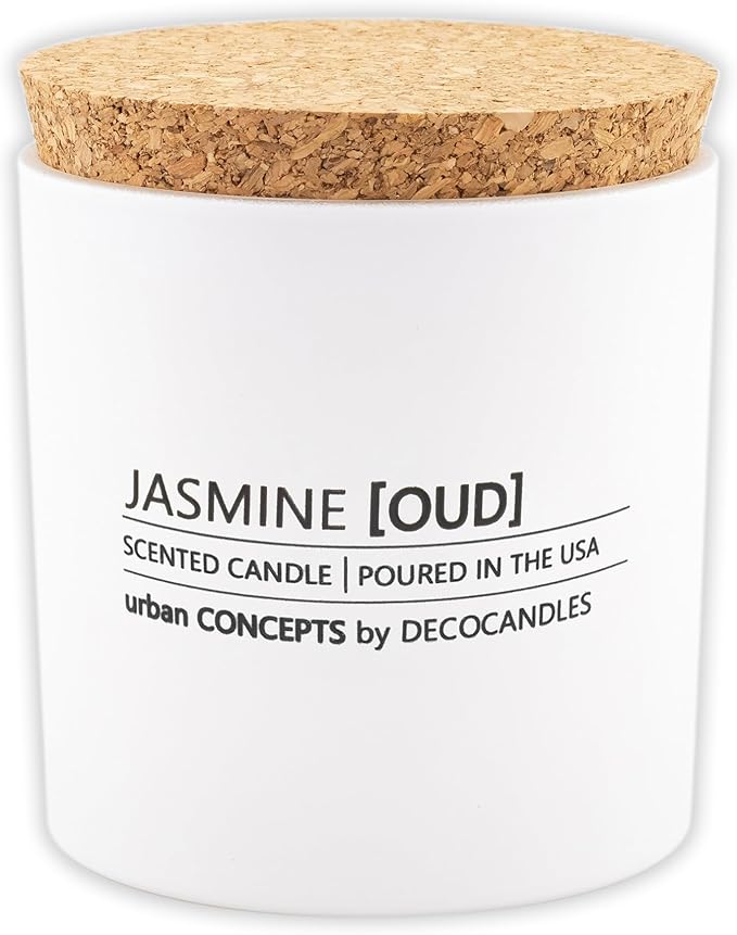 Urban Concepts by DECOCANDLES - Jasmine, Oud & Sandalwood Aroma - Highly Scented Soy Candle - Long Lasting - Hand Poured in USA (9 Oz. Cork)