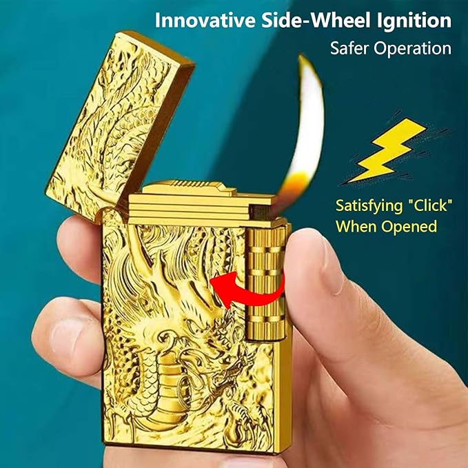 Dragon Butane Lighter, Refillable Lighter Soft Flame, Flip-Top Metal Gold Side Wheel Frosted Pocket Lighter for Everyday Use, Camping, Gifts for Men, Father, Husband (No Fuel)