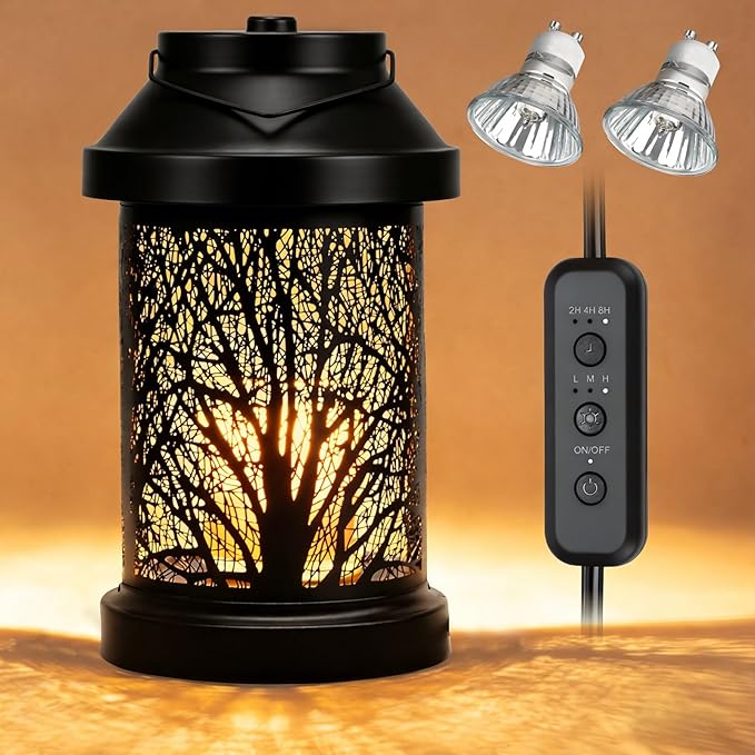 Candle Warmer Lamp - Vintage Candle Warmer Lantern with Timer & Dimming Function, Electric Candle Lamp Warmer Home Bedroom Decor Wax Melt Warmer Birthday Gifts for Women Mom (2 Bulbs Included)