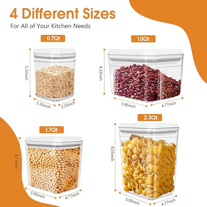 Airtight Food Storage Containers Set with Lids, Top Pop Cereal Container with One Button Control, BPA-Free Stackable Food Containers for Cereal Snack Coffee Sugar (4 Pack-2.3Qt, 1.7Qt, 1.0Qt, 0.7Qt)