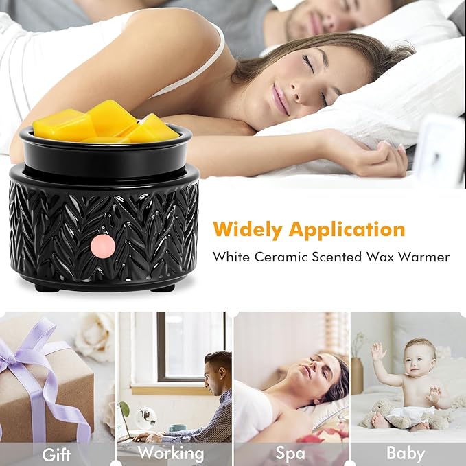 EQUSUPRO Wax Melt Warmer for Scented Wax - 4-in-1 Electric Ceramic Candle Wax Warmer Fragrance Wax Burner Melter for Home Office Decor & Gift for Women (Black Leaf)