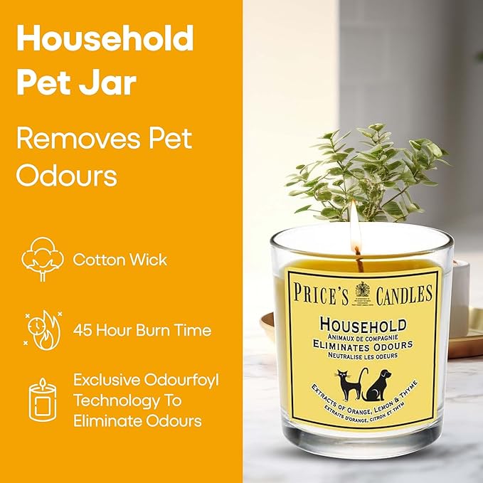 Price's - Household Pet Jar Candle - Odour Eliminating Candle - Made with Orange, Lemon & Thyme Extracts - Clean, Fresh, Quality Fragrance - Long Lasting Scent