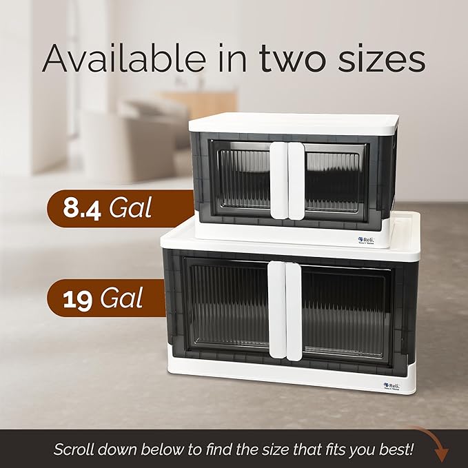 Reli. Storage Bins with Lids and Doors (4 Pack) | 8.4 Gallon Collapsible Storage Bins with Lids | Collapsible Stackable Plastic Cabinet with Built-in Wheels | Heavy Duty Closet Organizers