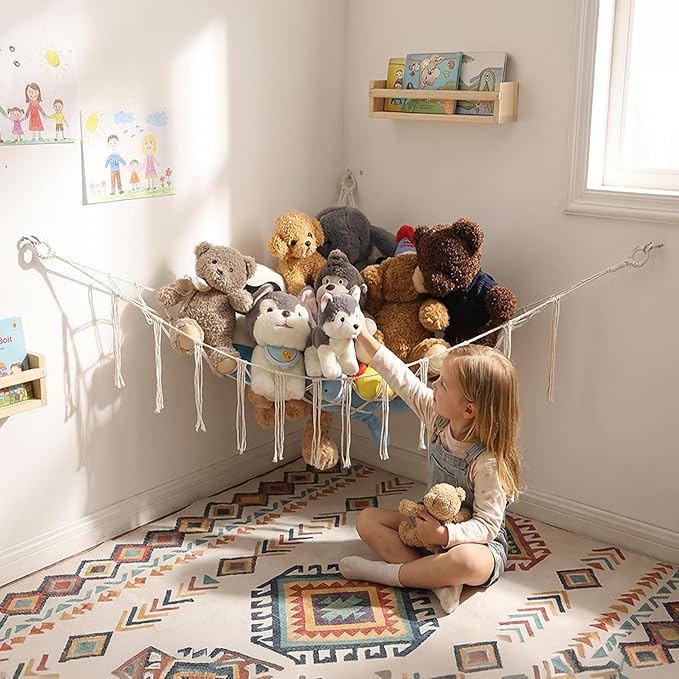 YKBU Stuffed Animals Hammock Corner Hanging Net Macrame Stuffed Animal Storage Plush Toy Holder Toy Organizer for Boho Nursery Playroom Bedroom Kids Room (cream, Large)