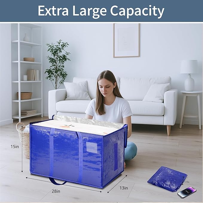 16 Pack-Extra Large Heavy Duty Moving Bags - Waterproof Storage Totes with Handles & Zippers, Foldable for College Dorm, Storage (Blue)