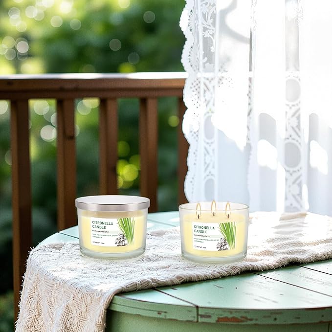 Citronella Candle Outdoor 2-Pack - 14oz Each 3-Wick Candles in Clear Glass Jars, Made with Citronella Oil & Soy Wax for Patio, Camping, Backyard, Emergency & Outdoor Ambiance.