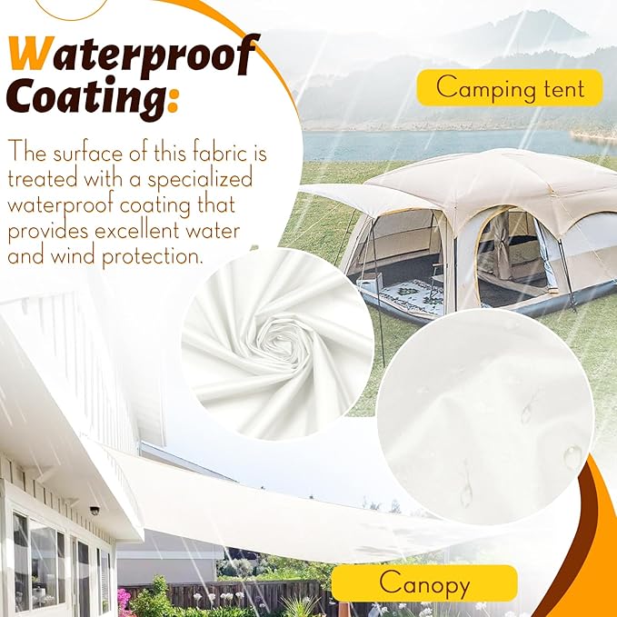 Vonty Waterproof Fabric Ripstop Nylon Fabric by The Yard - 60 Inch Wide(1 Yard), Water Proof White Fabrics Lightweight Kite Fabrics for Tent Bag Tarp DIY Craft Travel Outdoor