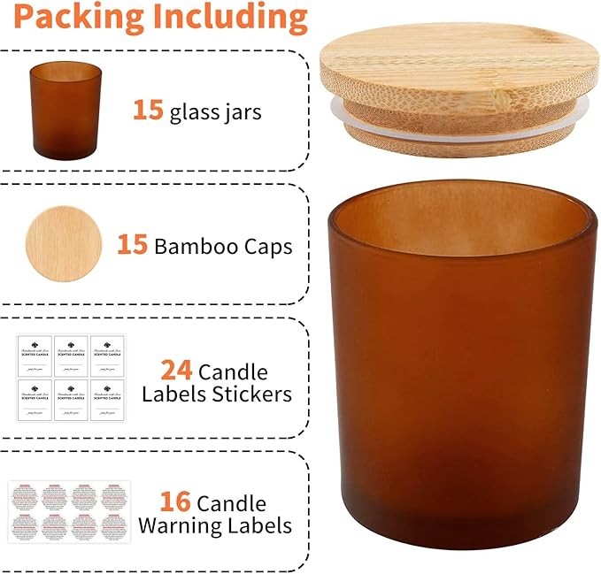 SUPMIND 15 Pack Candle Glass Jars- 7oz Frosted Amber Empty Candle Containers with Bamboo Lids and Sticky Labels, Matte Brown Jars in Bulk for Making Candles- Dishwasher Safe-7 fl.oz