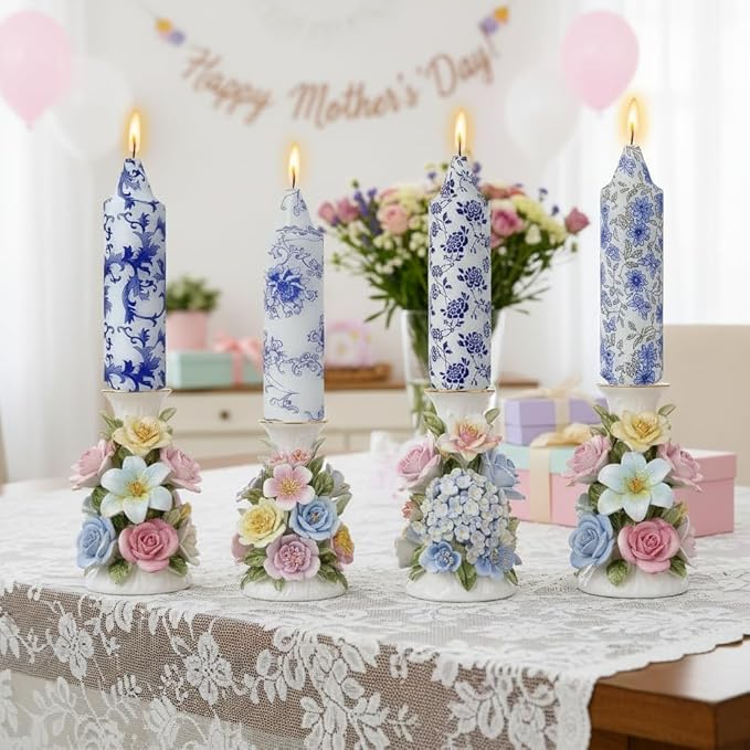 5 Inch Blue and White Short Taper Candles Hand Poured Smokeless Unscented Porcelain Style Chinoiserie Floral Candles for Wedding Nautical Dinner Home Decor Housewarming Gift Mother's Day Meditation