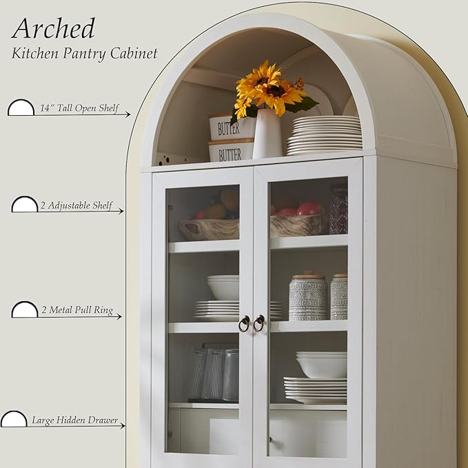 71" Tall Arched Kitchen Pantry Cabinet, Modern Farmhouse Kitchen Storage Cabinets with Open & Adjustable Shelves, Hidden Drawer & Glass Door, Versatile Cupboard for Kitchens, Dining Room, White
