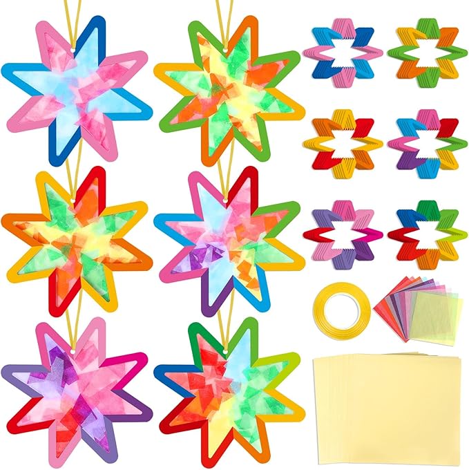 Qyeahkj 36 Set Summer Star Suncatchers Crafts for DIY Star Window Tissue Paper Craft Kit Art Ornament Hanging Decor for Home Activity Art Project Birthday Party Favors Gifts