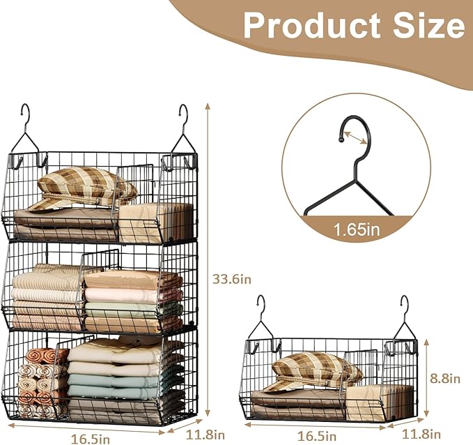 Jautokerdar 3 Tier Closet Hanging Shelves with Divider, Extra Large Closet Organizers and Storage, Clothes Hanging Organizer Clothing Sweaters Handbags Clutches Accessories