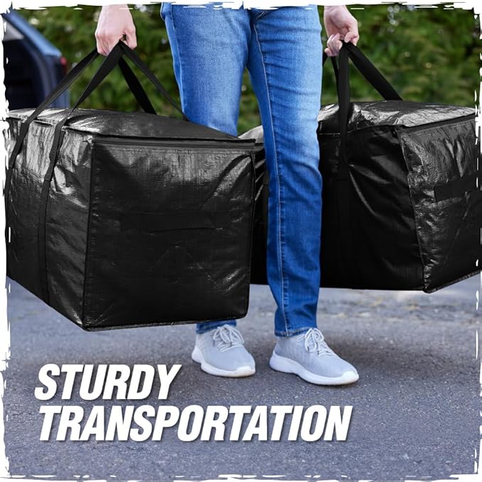RUGGED RHINO Heavy Duty Extra Large Moving Bags, Durable Bag with Strong Handles and Zipper, Moving Boxes Alternative for College Packing, Holiday Décor, Space Saving Storage with Label, 2 Pack Black