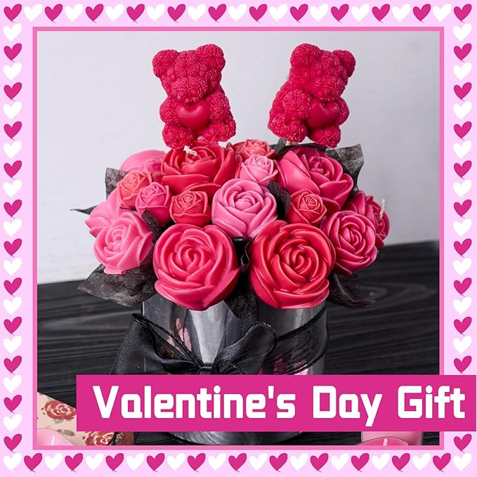 Rose Bucket Candle Kit Handmade Gift Soy Wax Beads for Candle Making Rose Silicone Mold 3D Flower Candle Molds All in One Kit Accessories Set Valentine's Day Gift (Silvery)