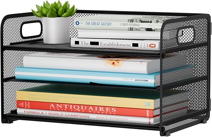 3 Tier Paper Letter Tray Organizer for Desk, Mesh File Folder Document Organizer with Handle for Home Office Supplies Desktop Accessories, Black
