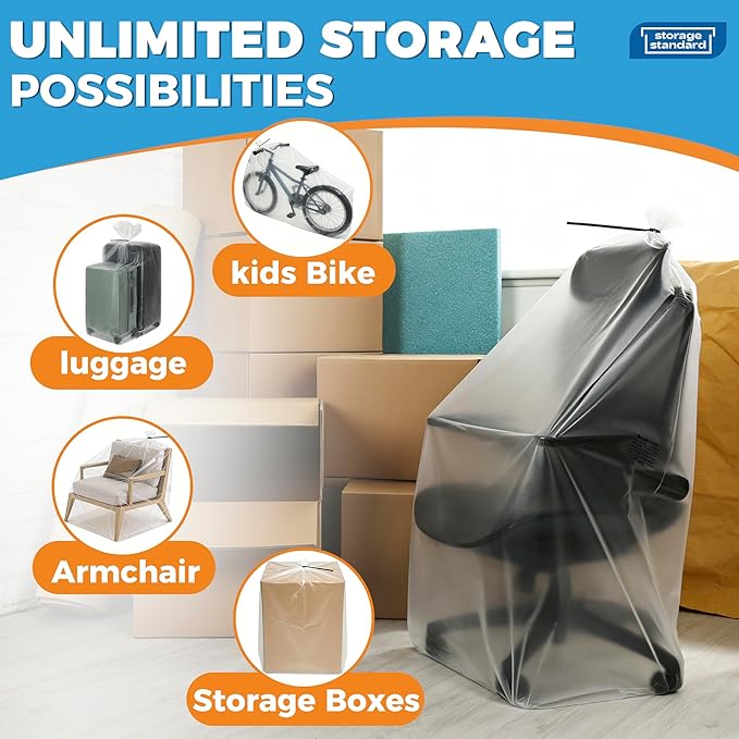 Storage Standard Large Clear Plastic Bags for Storage 6-Pack - Waterproof Extra Large Plastic Bags with Zip Ties, Heavy-Duty Cover for Rugs, Patio Cushions, Décor & Oversized Items - 45 x 65 Inches