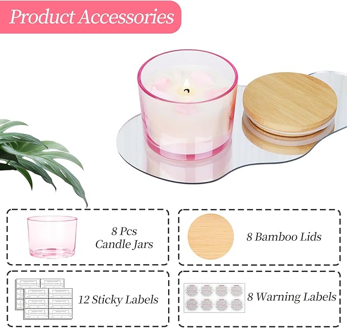 CONNOO 8 Pack 12 OZ Pink Glass Wide Mouth Candle Jars for Making Candles with Airtight Bamboo Lids Nice Sticky Warning Labels for Candle Making Empty Container Bulk - Dishwasher Safe