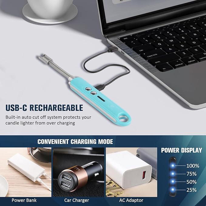 Lighters for Candle,Flameless Plasma Arc Electric Lighter USB C Rechargeable, Long Flexible Neck with Safety Switch for Birthday, Fireplace, Stocking Stuffers Gifts (Blue)