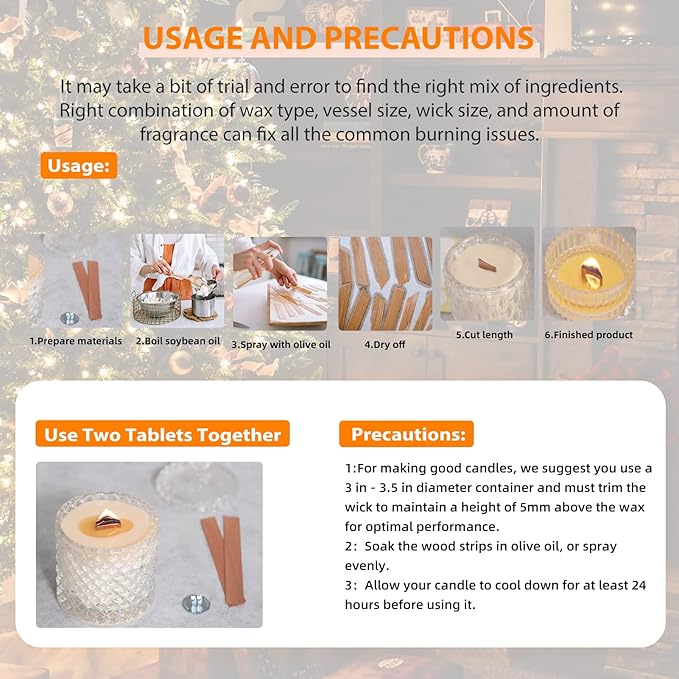 Ziosxin 100 Pcs Smokeless Cherry Wood Candle Wicks, Long Lasting Flame, Easily Burn, Candle Cores with Stand and Glue Dot, Warning Label for DIY Candle Making