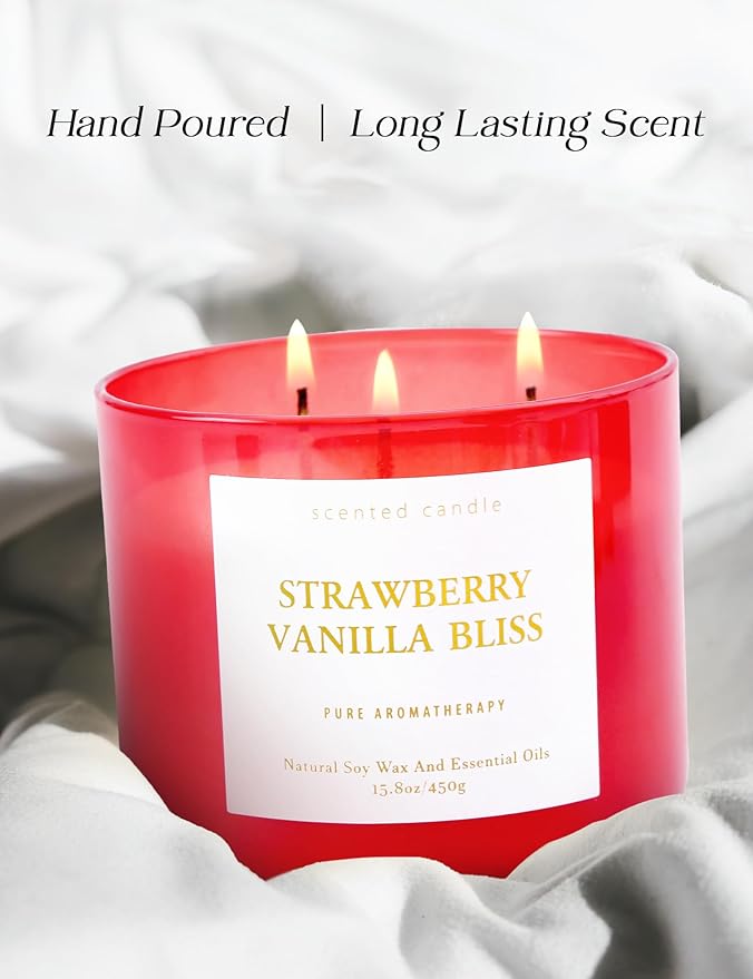 Strawberry Vanilla Bliss 3-Wick Soy Scented Candle 15.8 oz | Large Berry Vanilla Candle for Home | Relaxing Aromatherapy Stress Relief Candle | Long-Lasting, Clean Burning Candles Gift for Women & Men